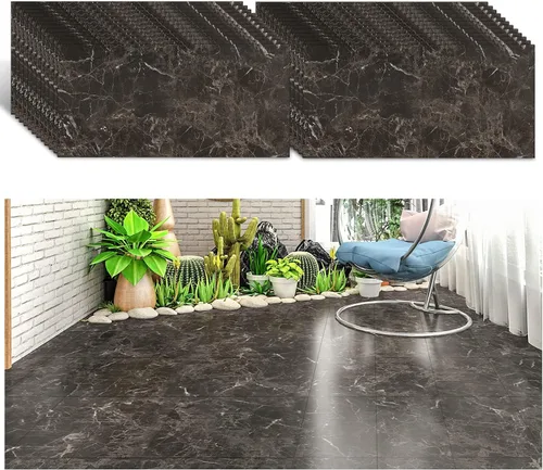 Vista 12 de VEELIKE Azulejos de suelo de mármol negro de 12 x 24 pulgadas para despegar y pegar, para baño, impermeables, autoadhesivas, calcomanías de vinilo