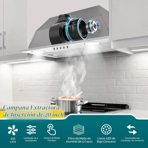 Vista 4 de Campana extractora de 20 pulgadas, campana de cocina integrada de 600 CFM, convertible con conductos/sin conductos, inserto de campana