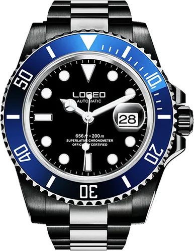 Vista 2 de LOREO Reloj automático GMT negro de acero inoxidable zafiro azul bisel giratorio negro esfera negra, Negro -, Reloj automático