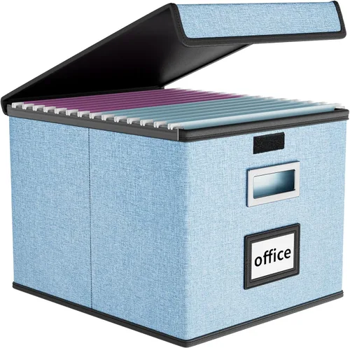 Vista 51 de Caja organizadora de archivos Huolewa con tapa, caja organizadora de carpetas de archivos colgantes de cuero sintético plegable con deslizadores