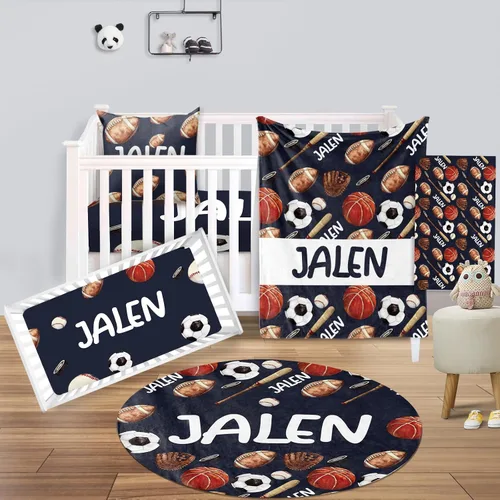 Vista 11 de Juego de ropa de cama para cuna de bebé, 5 piezas, diseño de bolas y arco iris, manta de bebé con nombre personalizado, sábana bajera para cuna