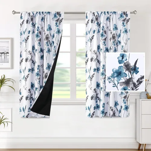 Vista 25 de H.VERSAILTEX cenefas de cortina 100% opacas para ventanas de cocina, juego de 2 paneles, estampado floral Cattleya Leah, cenefas térmicas aisladas