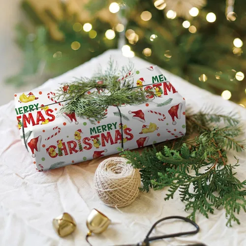Vista 5 de SaringSwoon Papel de regalo de pato de Navidad, divertido envoltorio de regalo de Navidad con sombreros de Papá Noel, bastones de caramelo, patos