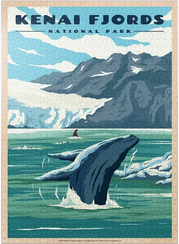 Vista 17 de MyPuzzle Parque Nacional de los Fiordos Kenai - Refugio de ballenas en la naturaleza, póster de viaje vintage, rompecabezas premium de 100 piezas