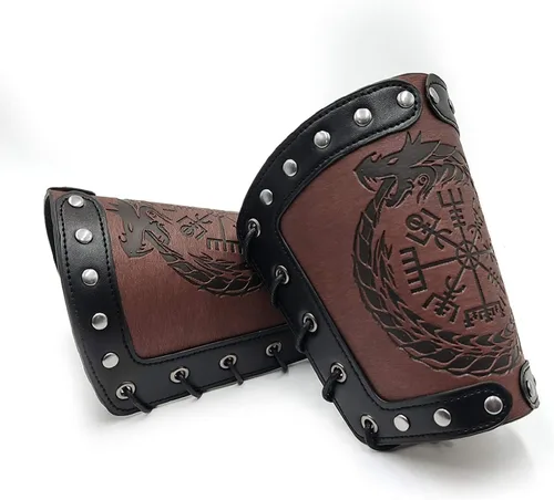 Vista 5 de Medieval Leather Bracers Embossed Viking Knight Cosplay Arm Guard Jormungandr Brazo de cuero Armadura-marrón (2pcs)
