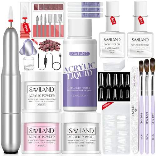 Vista 8 de Saviland Kit de iniciación de uñas acrílicas: polvo y líquido acrílico rosa claro nude, cepillo, limas, formularios, uñas a presión, juego