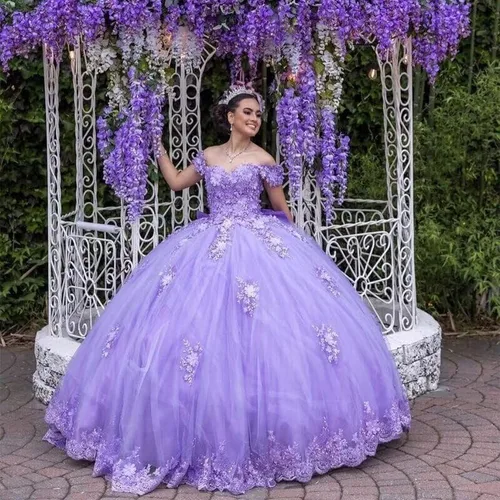 Vista 3 de XYAYE Vestido de quinceañera con cuentas de encaje con hombros descubiertos para mujer, vestido de fiesta con flores 3D hinchadas, dulces 15 16