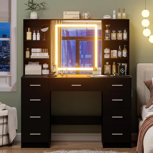 Vista 6 de Escritorio negro con espejo y luces, tocador de maquillaje con 9 cajones, 6 estantes y toma de corriente, espejo de pantalla táctil, tocador