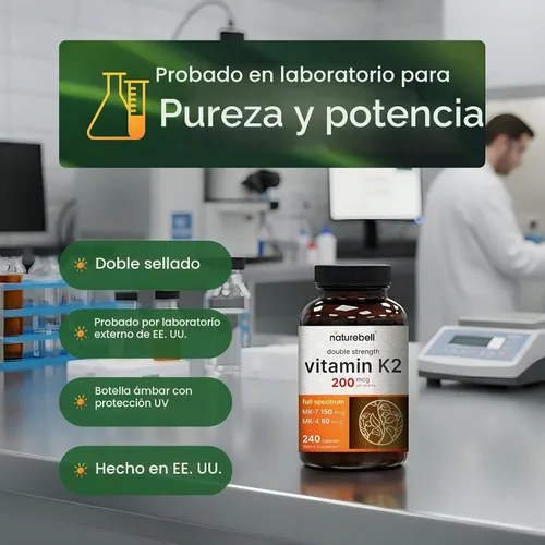 Vista 5 de NatureBell Suplemento de Vitamina K2 de Espectro Completo con MK-7 y MK-4, 200 mcg, 240 cápsulas Fórmula 2 en 1, complejo de vitaminas K – Apoya
