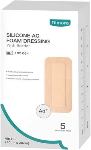 Vista 9 de Dimora Vendaje de espuma de silicona Silver Ag, vendaje estéril para heridas con borde adhesivo de silicona suave 4" x 4", apósitos impermeables