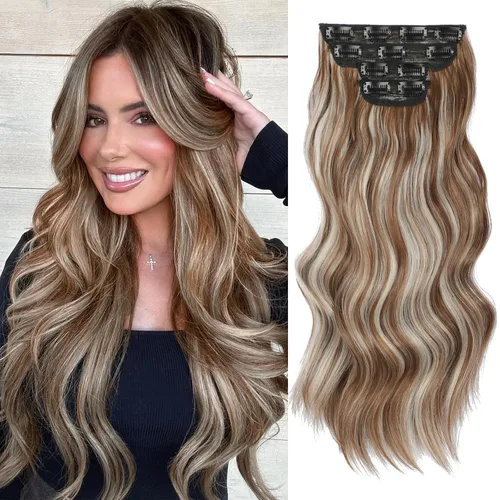 Vista 31 de Extensiones de cabello con clip de Vigorous de 20 pulgadas, con reflejos rubio playa, extensiones de cabello ondulado largo y suave de cabello