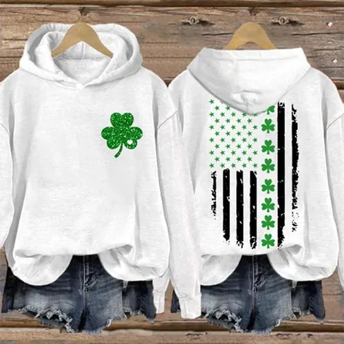 Vista 2 de Sudadera con capucha para el Día de San Patricio para mujer, diseño de trébol irlandés con bandera americana, talla grande, camisas de manga larga
