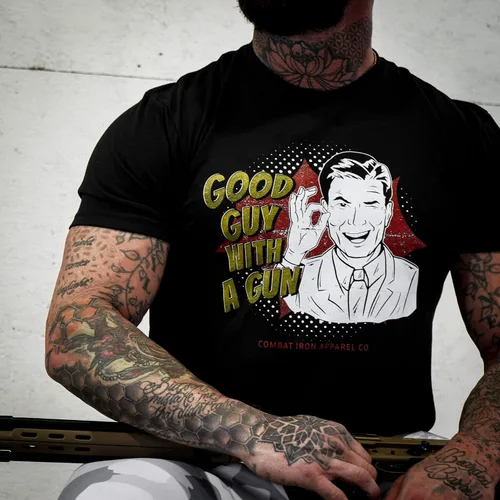 Vista 2 de Combat Iron Good Guy with a Gun - Camiseta con gráfico de cómic dibujado a mano para hombre
