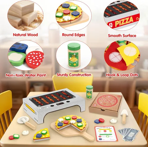 Vista 4 de WOODMAM Montessori - Juego de juguetes de pizza, comida realista con caja de horno, juguetes educativos de aprendizaje para niños en edad preescolar