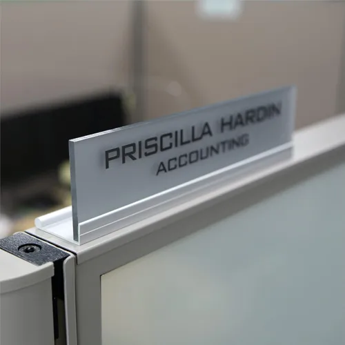 Vista 8 de Placa de identificación personalizada para cubículo de oficina. Soporte de aluminio moderno - 4 colores de placa (transparente transparente)