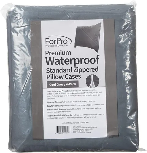 Vista 5 de ForPro Professional Collection Protectores de almohada impermeables de alta calidad, fundas de almohada de tamaño estándar con cremallera, gris Gris
