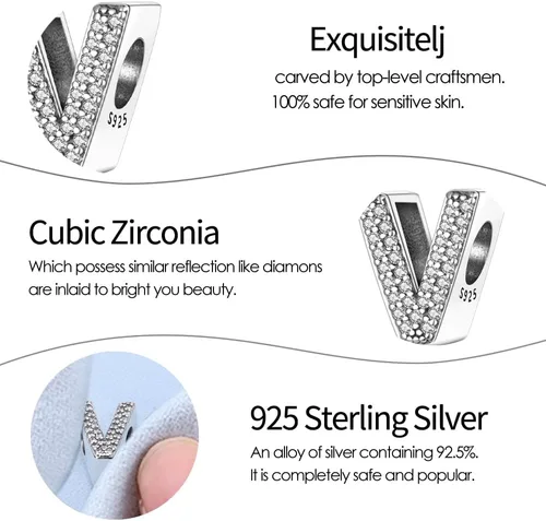 Vista 6 de Dijes con iniciales del alfabeto, letras de la A a la Z, plata de ley 925, circonitas cúbicas, colgantes para Pandora, pulseras europeas, collar