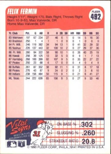 Vista 2 de 1990 Fleer Baseball Card #492 Felix Fermin