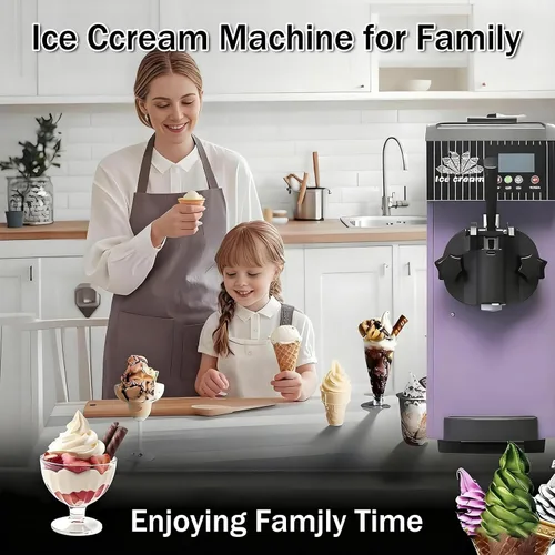 Vista 2 de Máquina de helado de servicio suave para uso comercial y doméstico, 8.8-11.0 lbs/H, panel táctil LCD, limpieza automática, sistema de Metálico