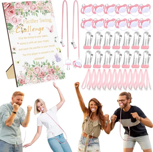 Vista 19 de Geelin Juego de 12 juegos de chupete con columpio para baby shower, juegos divertidos de revelación de género, incluye 1 letrero de madera y 12