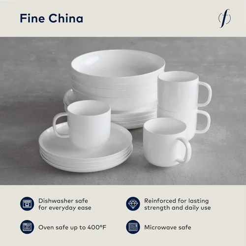 Vista 2 de Fortessa – Juego de vajilla moderno de porcelana Coupe de 16 piezas, servicio para 4, blanco