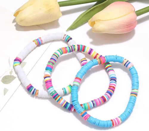 Vista 7 de NVENF Pulseras Heishi de arco iris para mujer, apilables, de vinilo africano, con cuentas, elásticas, bohemias, en capas, para surfistas, accesorios