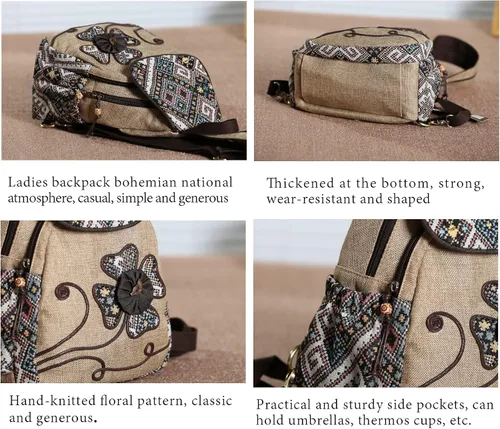 Vista 3 de HUANGGUOSHU Mochila para mujer Bolso pequeño convertible estilo bohemio con diseño tejido y hongo, para mujer hippie, Flor de cuatro hojas