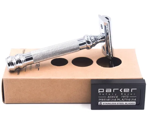 Vista 3 de Parker 98R Maquinilla de afeitar de seguridad de doble filo con mango largo ultra pesado y 5 cuchillas