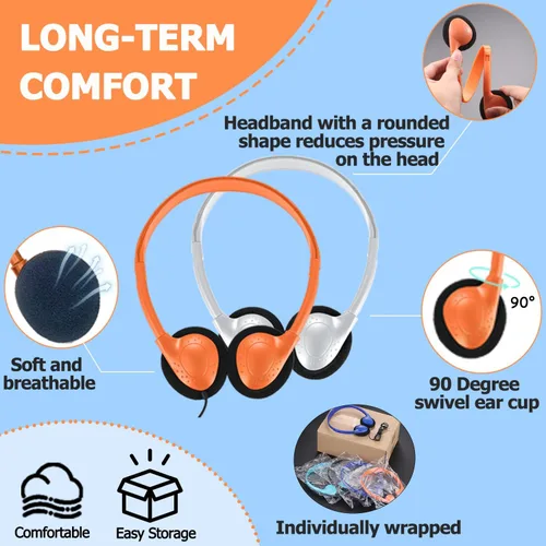 Vista 4 de Paquete de 10 auriculares para niños a granel para el aula escolar, auriculares multicolor con cable para estudiantes, auriculares ajustables