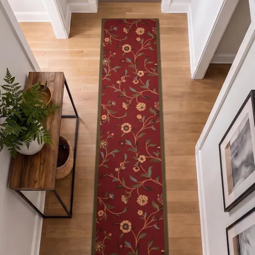 Vista 16 de Ottomanson, colección OttoHome, tapete para corredor con diseño azul claro y damasco (antiderrapante), parte trasera de goma Floral Beige