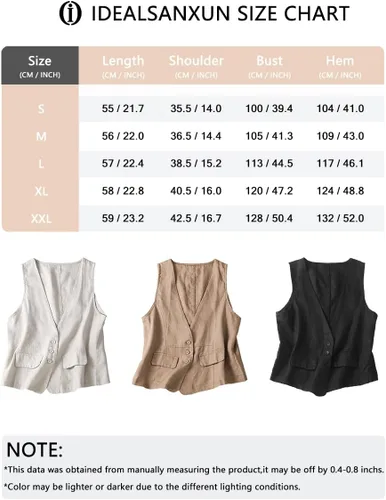 Vista 5 de IDEALSANXUN Chaleco de lino de algodón sin mangas para mujer, chaleco casual de verano, cuello en V, chaqueta de cárdigan