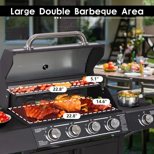 Vista 3 de LEISU Parrilla de gas propano de 4 quemadores con quemador lateral y rejillas de hierro fundido, parrilla de salida de 50,0000 BTU para cocina