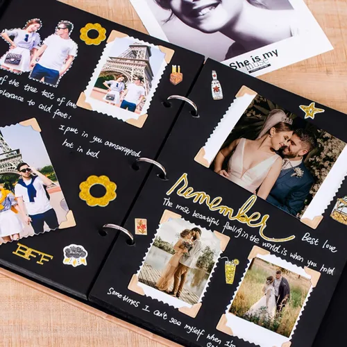 Vista 9 de Vienrose Kit de álbum de fotos de bricolaje con bolígrafos, cintas y calcomanías, 60 páginas, tapa dura de 8.5 x 11 pulgadas, 3 anillos, papel negro
