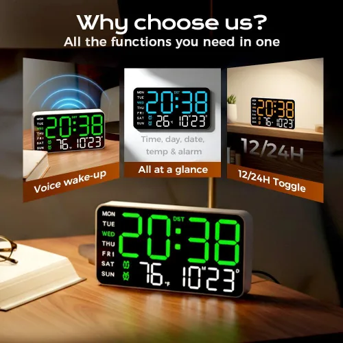 Vista 3 de Reloj de pared digital LED decorativo multifuncional, reloj digital grande que muestra la hora, fecha, temperatura, ajuste automático de brillo