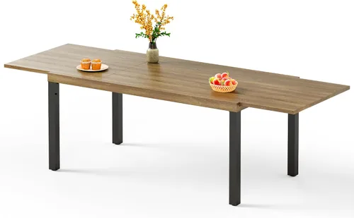 Vista 9 de PHI VILLA Mesa rectangular de comedor con listones de acero metálico para 6 personas con agujero ajustable para paraguas, resistente a la intemperie
