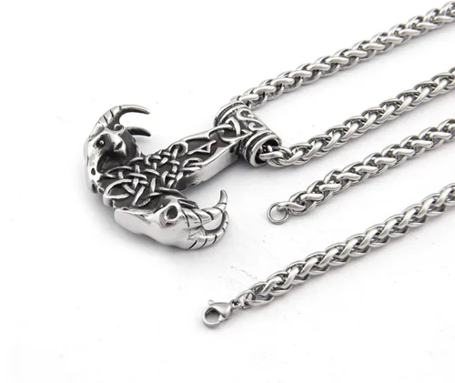 Vista 3 de BAVIPOWER Collar de martillo de Thors con cabeza de cabra vikingo de carnero, collar de martillo de Thors de acero inoxidable, joyería pagana