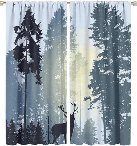 Vista 38 de Cortinas opacas con diseño de ciervos, bosque brumoso, rústico, vida silvestre, alce, montaña, pájaros, pino, bosque, cortinas de ventana