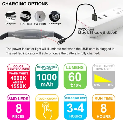 Vista 5 de Luz LED de lectura para el cuello, recargable 8 LED 2 modos, cabeza oscilante de brazos flexibles, luz ámbar ajustable de brillo para leer, acampar