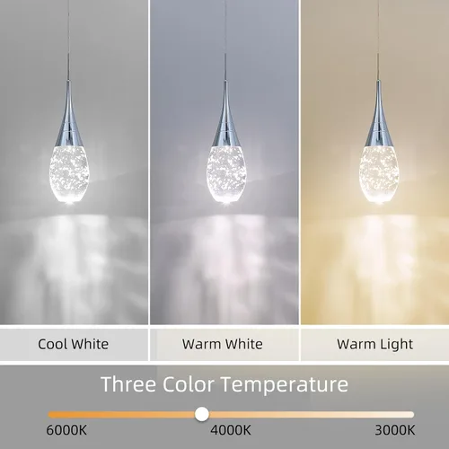 Vista 2 de JoollySun Mini lámpara colgante de cristal: 1 luz de lágrima regulable de 3 colores (3000 K-6000 K) colgante LED para isla de cocina baño - cromo
