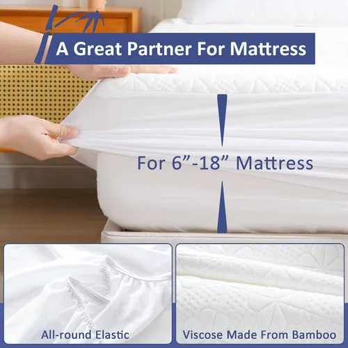 Vista 5 de Protector de colchón impermeable de viscosa de bambú tamaño Queen, funda de colchón refrescante para cama tamaño Queen, funda de colchón súper suave