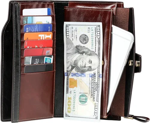 Vista 3 de Cartera plegable de cuero de gran capacidad con bloqueo RFID para mujer
