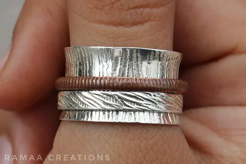 Vista 3 de Sterling Silver Spinner Ring Anxiety Silver and Copper Spinner Ring Fidget Spinner Ring for Women Handmade Two Spinner Ring Sterling Silver