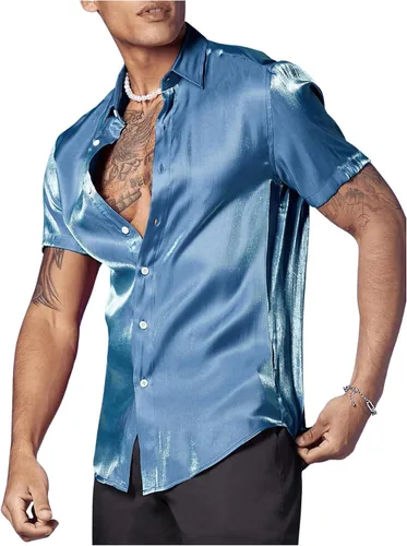 Vista 4 de WDIRARA Camisas de satén de seda metálica con botones y manga corta con cuello para hombre