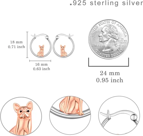 Vista 4 de Aretes de bulldog francés de plata de ley, aretes de aro de bulldog francés con lindos animales, regalos de joyería para mujeres y niñas amantes