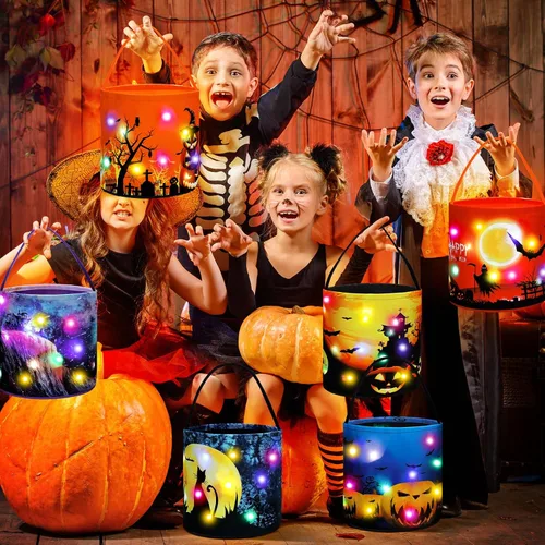 Vista 3 de Teling 6 bolsas de dulces de calabaza con luces LED para Halloween con luces LED para Halloween, bolsa de regalo reutilizable para suministros