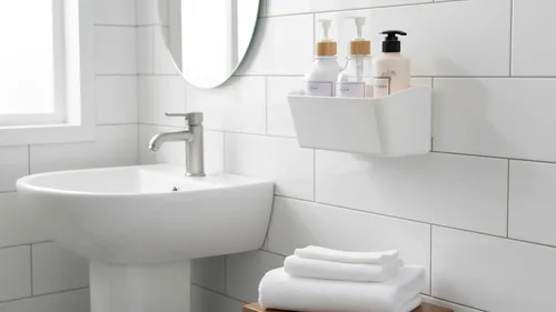 Vista 5 de Estante de baño, estante adhesivo para ducha, organizador de baño, sin taladro, cesta de ducha de plástico, estante de almacenamiento blanco