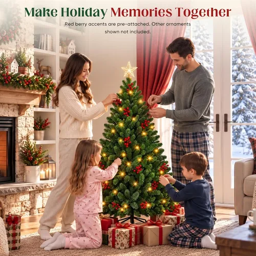 Vista 5 de NEWBULIG Árbol de Navidad preiluminado de 4.5 pies con bayas rojas Verde