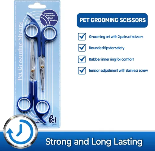 Vista 6 de Pet Magasin Tijeras japonesas de acero inoxidable (2) para vello facial y más grandes para recortar el cuerpo con punta redonda (azul)