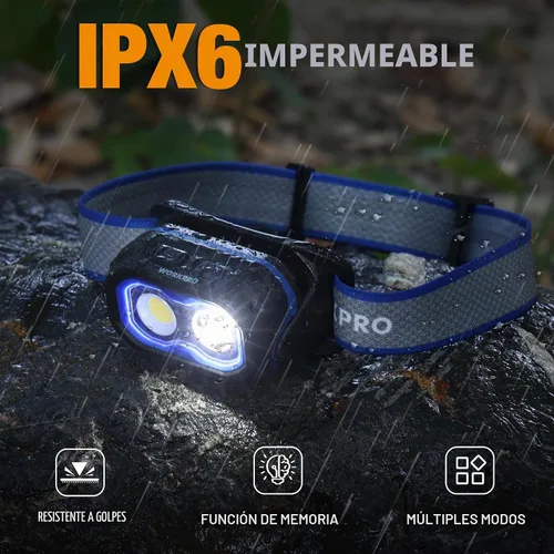 Vista 6 de WORKPRO 1200LM Linterna recargable para cabeza, súper brillante con luz blanca y roja, sensor de movimiento, función de memoria, luz frontal a