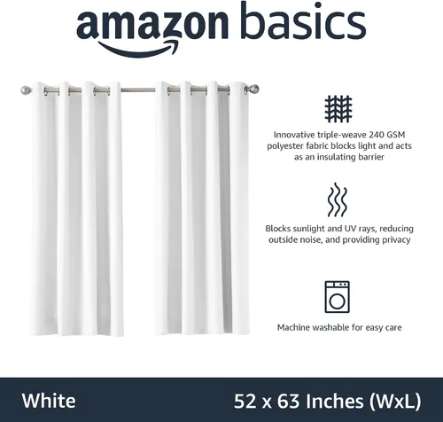 Vista 2 de Amazon Basics Cortina de ventana opaca bloqueadora de luz para oscurecer la habitación con 2 paneles con ojales, para sala de estar y dormitorio, 52